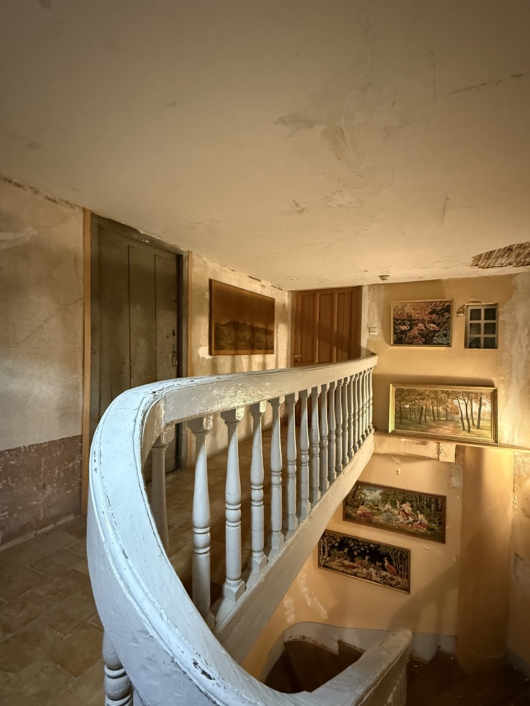 Palier et rampe blanche de l'escalier historique
