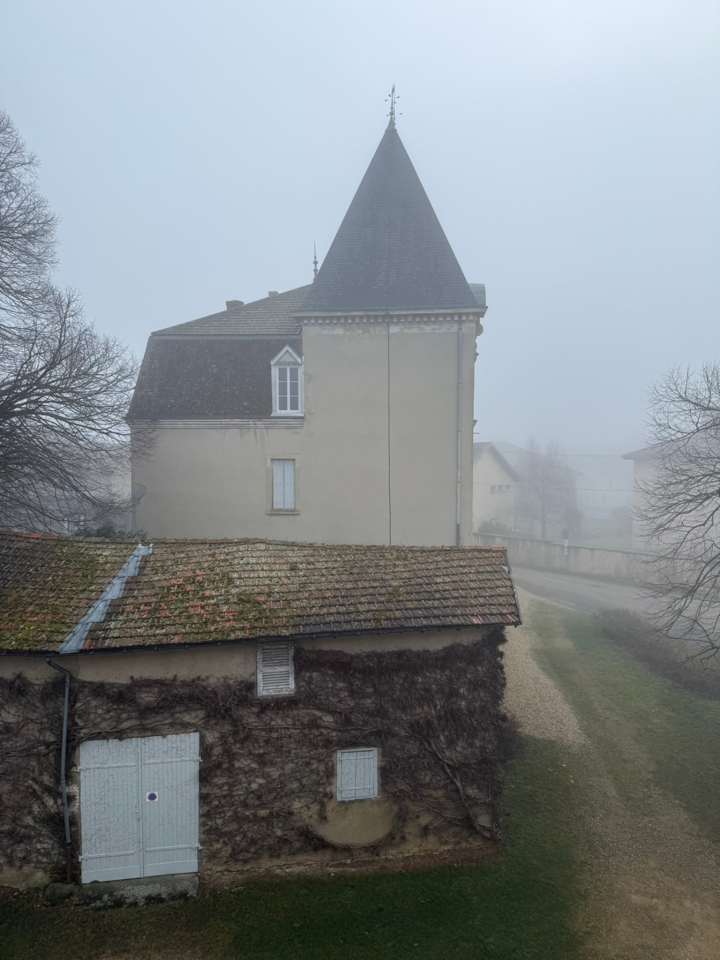 La tour du château de Neuville-les-Dames sous le brouillard