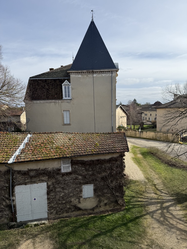 La tour du château et son toit d'ardoise vus depuis la chambre