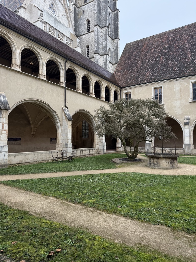 Le puits de pierre et l'arbre du cloître de Brou