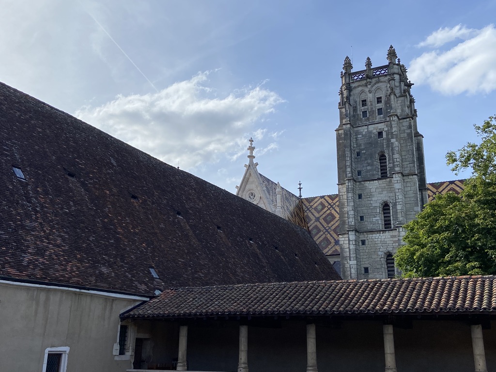 Le toit de tuiles vernissées polychromes et la tour de l'église de Brou