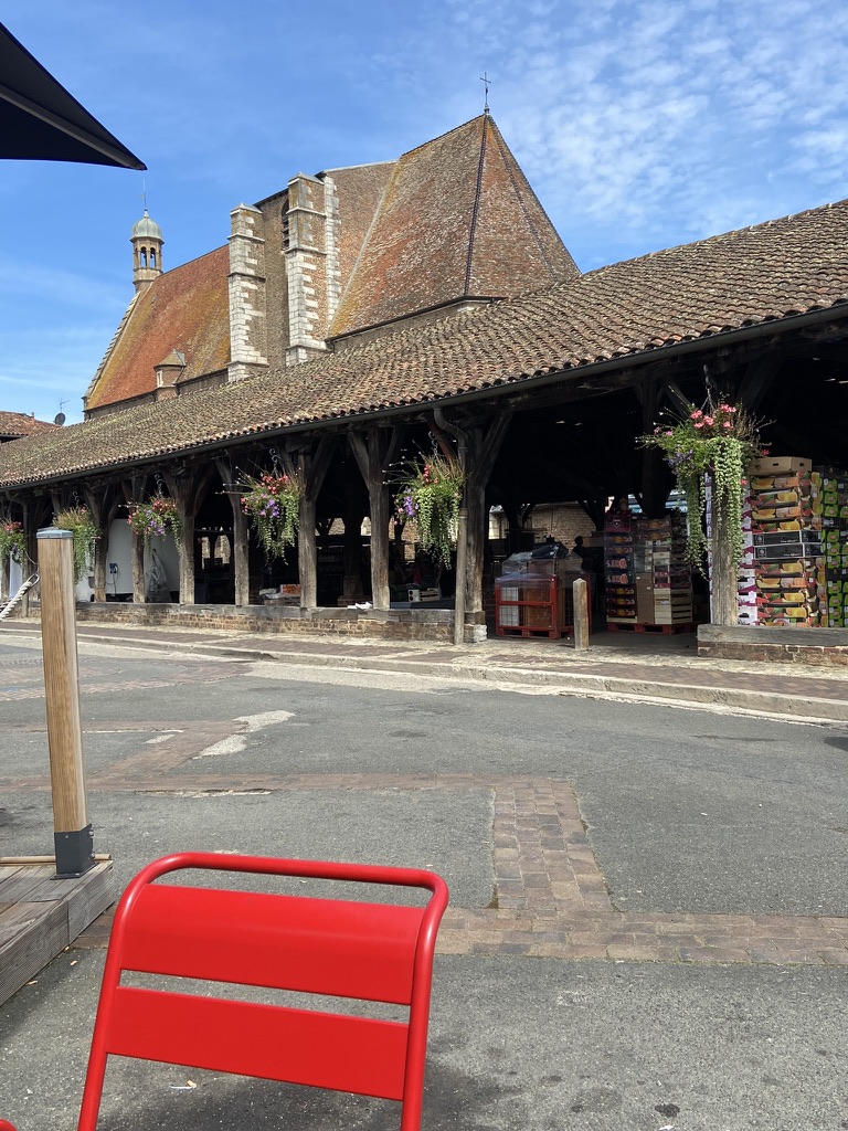 La place des halles de Châtillon-sur-Chalaronne un matin de marché