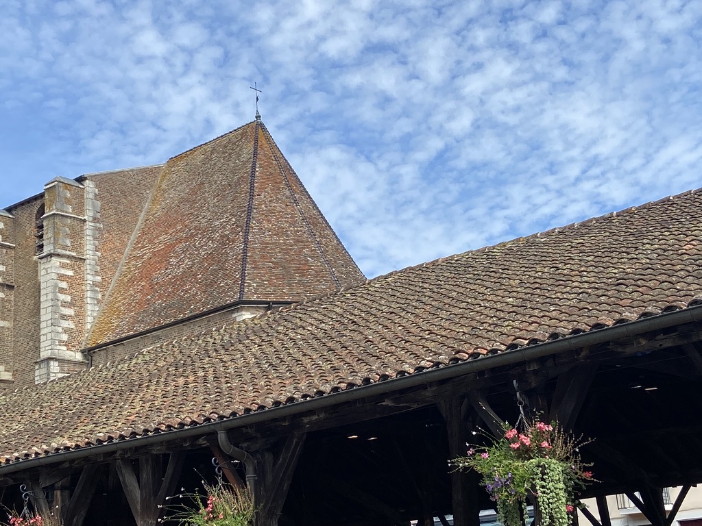 Les toits de tuiles des halles et de l'église de Châtillon-sur-Chalaronne